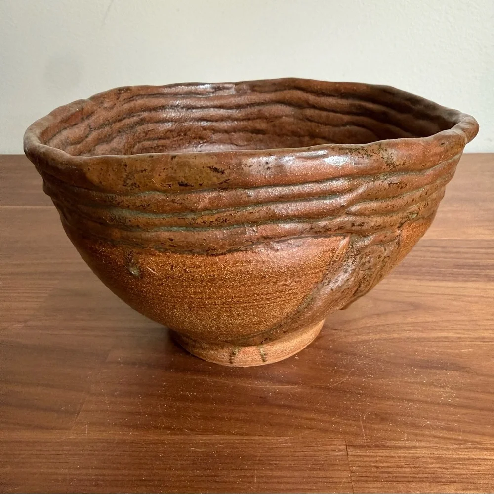 Vintage Japanese Studio Pottery Bowl Tanba Style Wabi Sabi Ribbed Stoneware